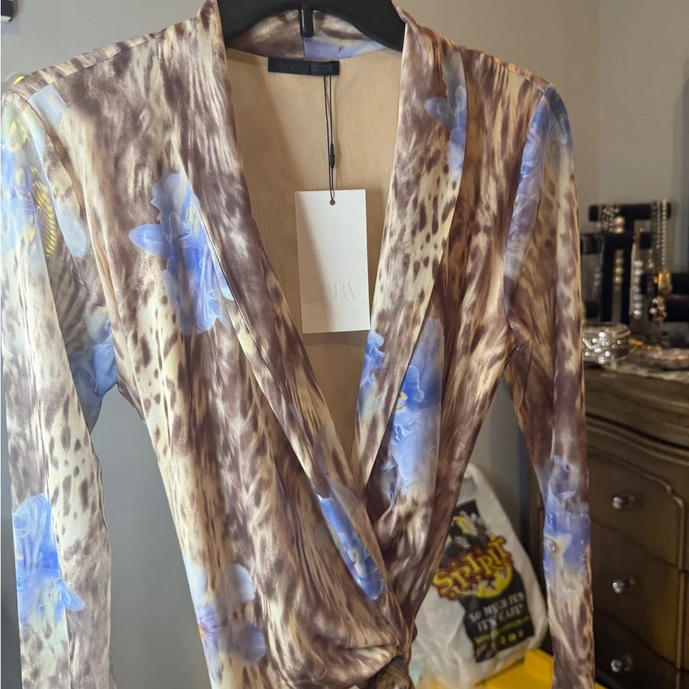 Zara Brown Animal Print Wrap around Blouse with Blue Floral Details - Picture 10 of 16